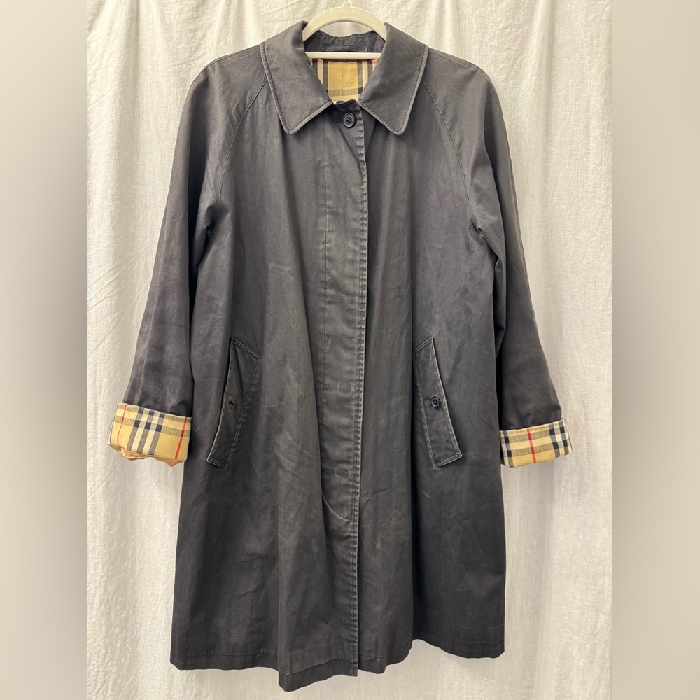 BURBERRY Vintage Classic Black Women's Car‎ Coat Nova Check Size 8R Faded Fabric